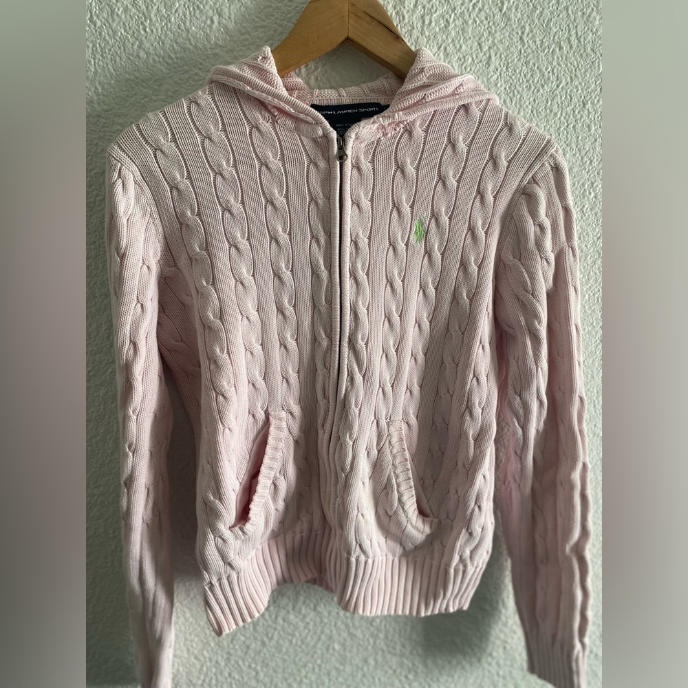 Light pink Ralph Lauren cardigan sweater.